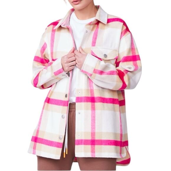 Monrow Pink Plaid Flannel Barn Jacket Utility Shirt Oversized Size Medium - Picture 1 of 15